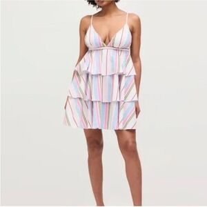 Hill House Home The Gigi Dress Rainbow Stripe Tiered Cotton Mini XS NEW